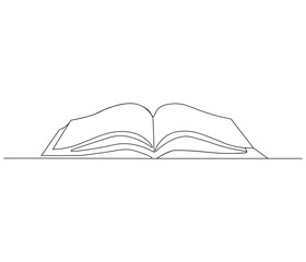 One continuous line drawing of opened book with flying page. Studying book or knowledge book in simple line. Concept vector art for university or college. Editable stroke. Doodle line illustration