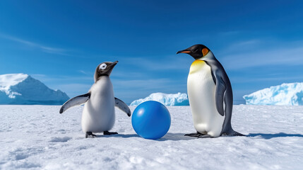 Obraz premium Penguins playing with blue ball on snow. Wildlife and winter content