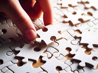 close-up hand holding white jigsaw or puzzle piece of game