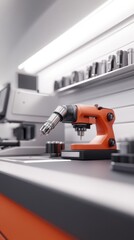 Naklejka premium A modern smart factory interior featuring advanced machinery, including a prominent red-orange industrial microscope. The setting is sleek and high-tech.