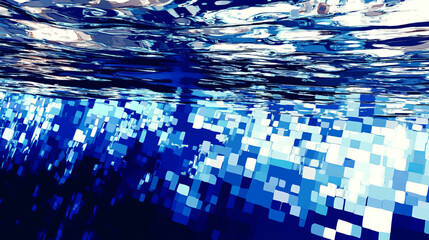 abstract digital underwater mosaic with geometric water patterns and blue texture elements reflecting artistic stylized scene in modern illustration
