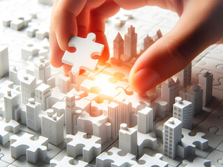 close-up hand holding white jigsaw or city puzzle piece of game