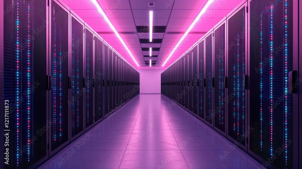 Poster futuristic data center with colorful lights and server racks