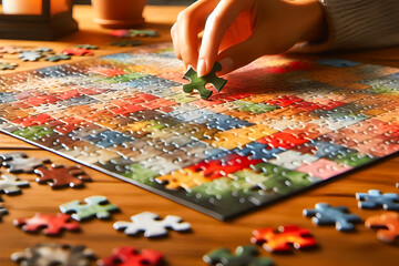 close-up Hands holding puzzle pieces in a fun learning jigsaw game