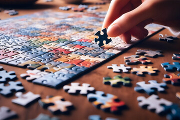 Hands holding puzzle pieces in a fun learning jigsaw game
