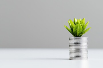 A coin stack with a thriving green plant symbolizing growth and prosperity.