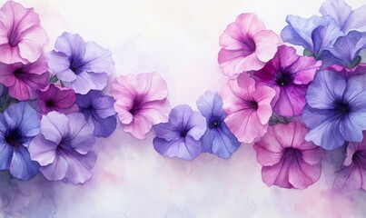 A Serene watercolor petunias in soft purples and pinks