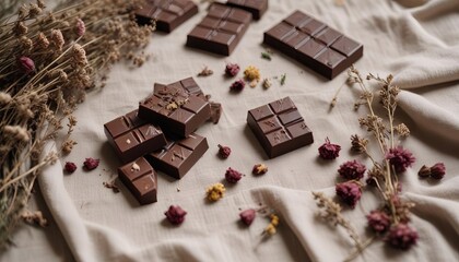 Dark Chocolate Delights: A decadent collection of dark chocolate bars, scattered amongst dried floral arrangements, captures the essence of pure indulgence. The rich.