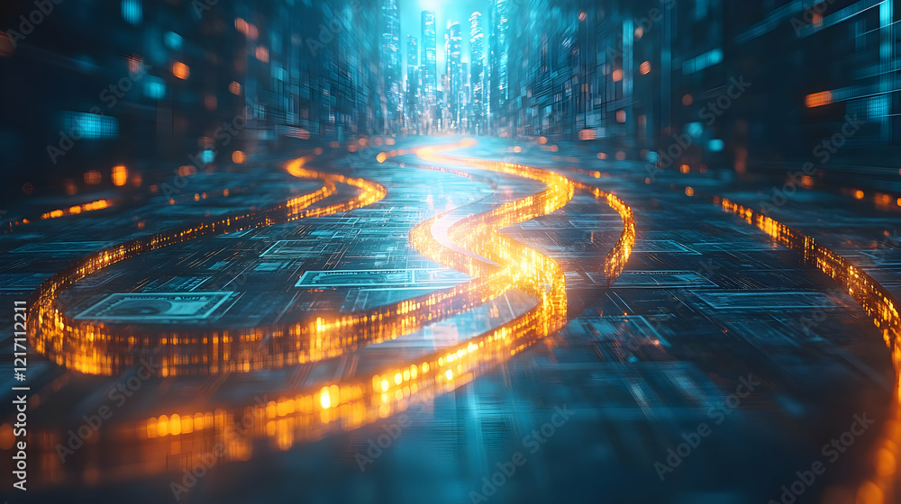 Aufkleber glowing digital path through futuristic network: abstract technology background