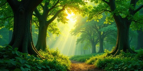 A tranquil forest with dappled sunlight filtering through leaves and trees, leaves, dappled light