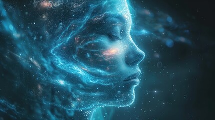 Cosmic face with ethereal sparkles and starry glow.