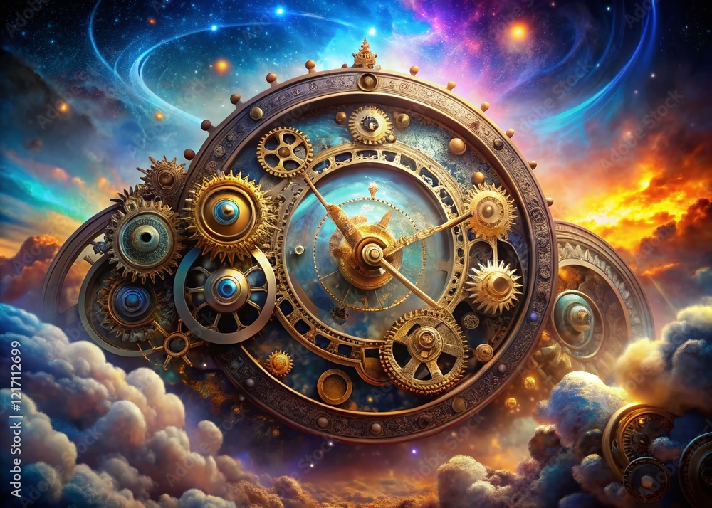 Poster surreal rule meter: abstract clockwork measurement device in a dreamlike landscape