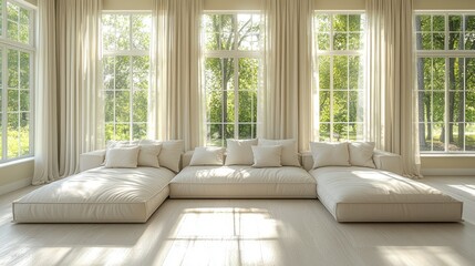 Fototapeta premium Sectional sofa in sunlit living room with forest view