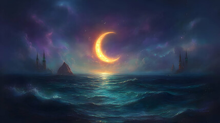 Enchanted Seascape with Glowing Crescent Moon and Sparkling Night Sky