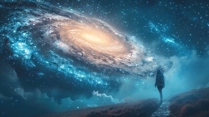 Fototapeta premium Human figure gazing at spiral galaxy in vast cosmos