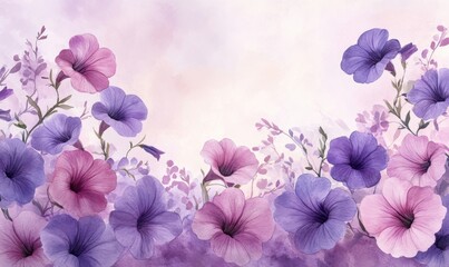 A Serene watercolor petunias in soft purples and pinks