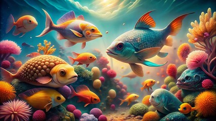 Fototapeta premium Surreal Sea Animal Clipart: Whimsical Ocean Creatures on White Background