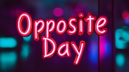Vibrant Neon Sign Displaying 'Opposite Day' in a Reflective Setting, Capturing a Playful Contrast with Colors and Lighting Effects