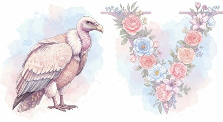 Vulture art piece with pastel watercolor floral letter v design
