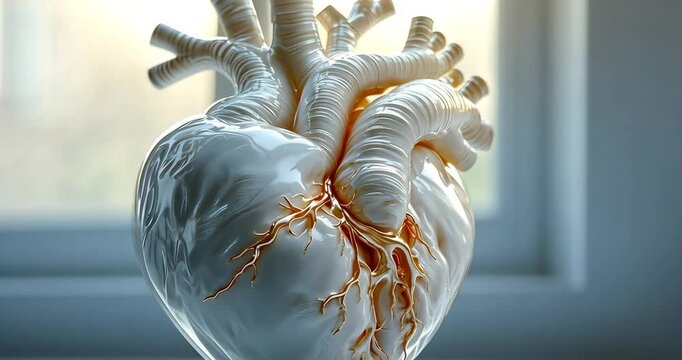 A white, anatomically correct human heart, stands on a surface.