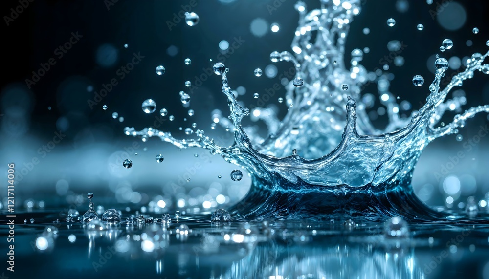 Poster close-up of a dynamic splash of water creating intricate droplets