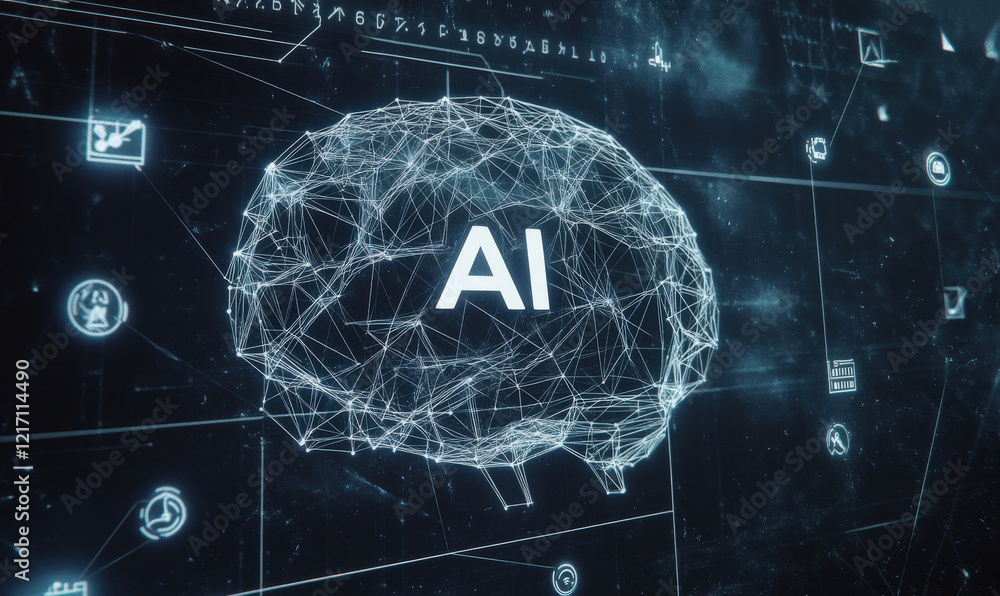 Poster three dimensional display of the human brain and holographic images. artificial intelligence concept
