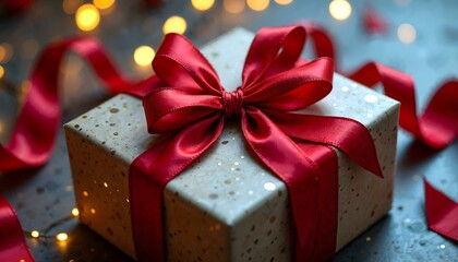 Obraz premium Beautifully tied red ribbon with bow for festive Christmas gifts