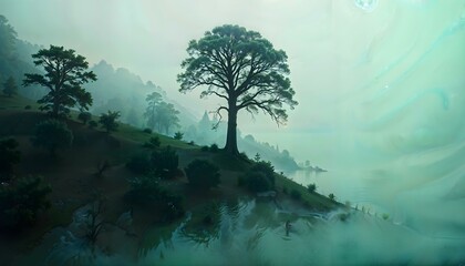 Majestic tree rising above mist in a serene forest landscape