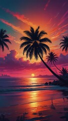 A palm tree silhouette casts long shadows on a shimmering beach, under a vibrant and surreal sunset sky