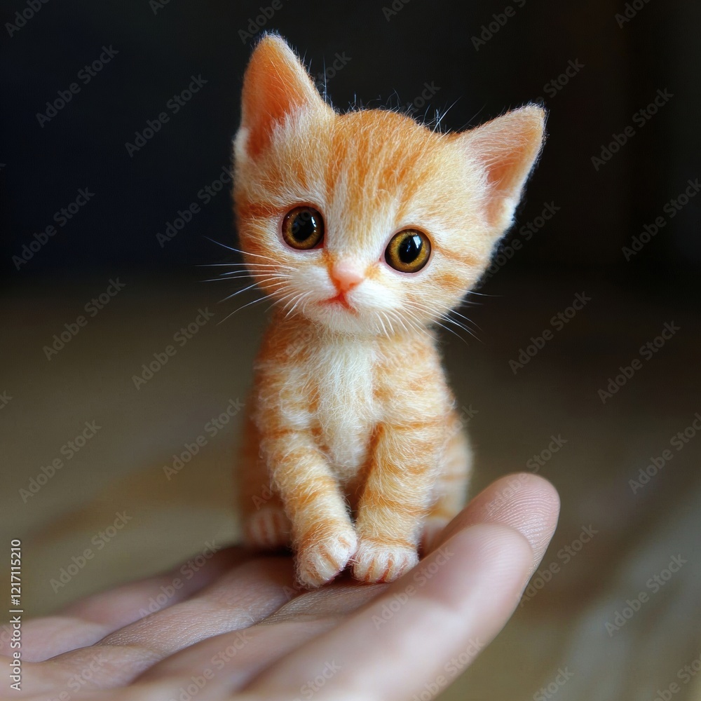Poster tiny orange kitten resting on a hand indoors with soft focus background. generative ai