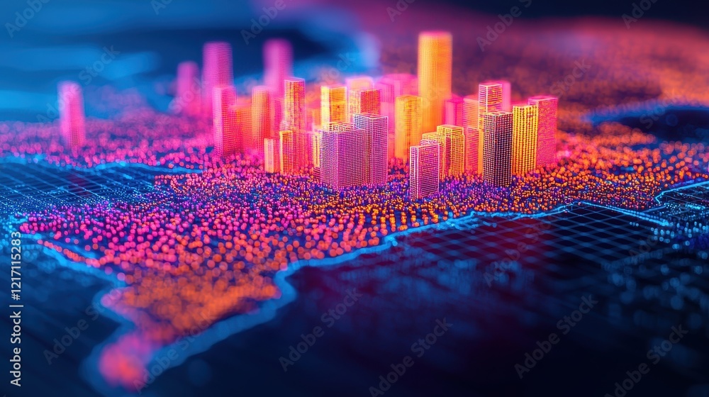 Poster futuristic cityscape visualization with neon lights and data points