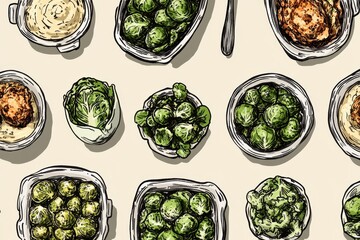 A Colorful Array of Hand-Drawn Vegetables Featuring Cabages, Brussels Sprouts, and Various Greens in Decorative Bowls on a Light Background