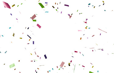 Realistic, colorful 3D confetti falling randomly on a transparent background, with an empty circular frame in the center. A graphic resource designed for party themes, Brazilian Carnival, Birthday.