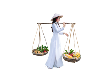 Asian woman wearing a Vietnamese Ao Dai carries a fruit basket ,Isolated on a transparent background.