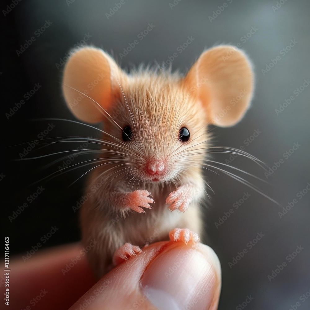 Poster tiny mouse perched delicately on a finger in a close-up setting showcasing its adorable features. ge
