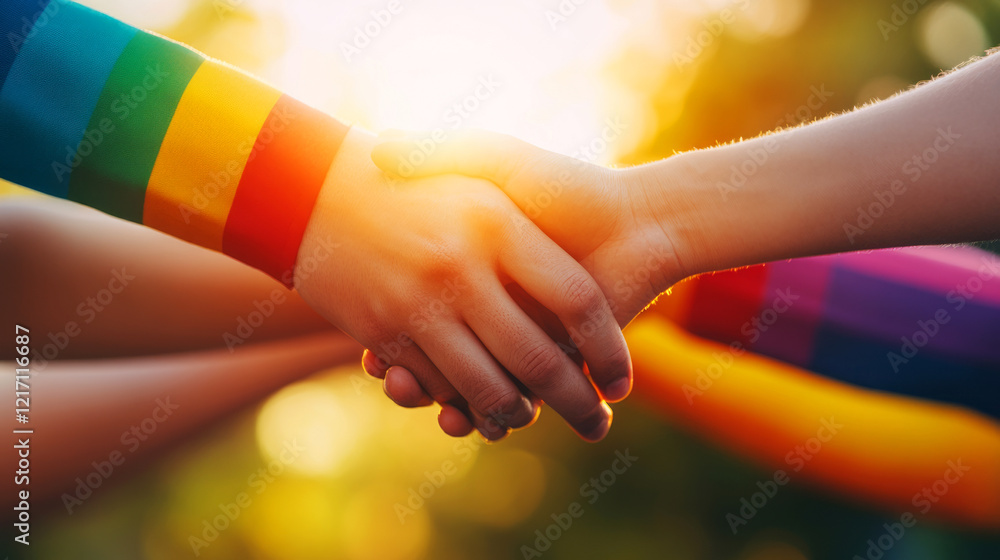 Poster diverse hands shaking with rainbow colors symbolizing unity and acceptance in community events