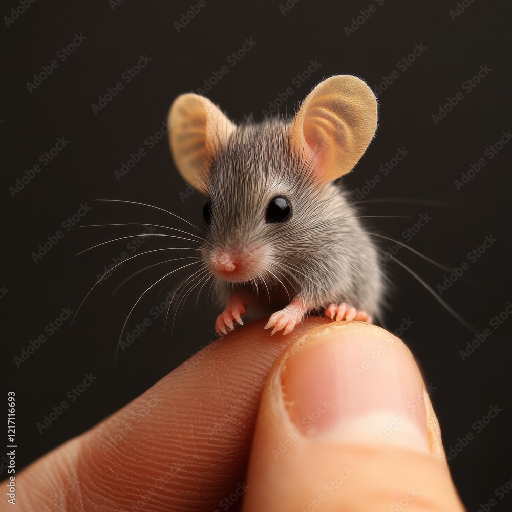 Poster small gray mouse with large ears perched on a person's fingertip in a close-up setting indoors. gene