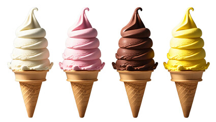 Ice cream scoop on waffle cone isolated on transparent background cutout, many assorted different flavour mockup template for artwork design