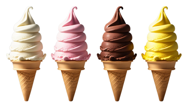 Ice cream scoop on waffle cone isolated on transparent background cutout, many assorted different flavour mockup template for artwork design