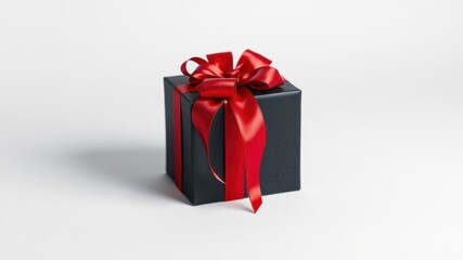 Fototapeta premium A sophisticated black gift box adorned with a vibrant red ribbon bow sits elegantly on a pristine white surface.