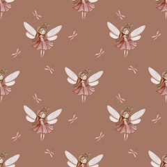 Seamless Pattern Cute Fairy and Dragonfly Small Design on Mocha Mousse Background