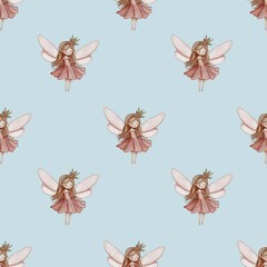 Seamless Pattern Cute Fairy Big Design on Pastel Blue Background