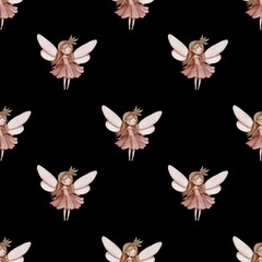 Seamless Pattern Cute Fairy Big Design on Black Background