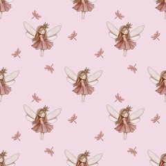 Seamless Pattern Cute Fairy and Dragonfly Small Design on Pastel Pink Background
