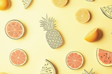 Minimalist pattern featuring simple line illustrations of fruits on a pastel yellow background for modern design inspiration