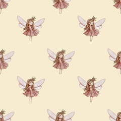 Seamless Pattern Cute Fairy Big Design on Pastel Yellow Background