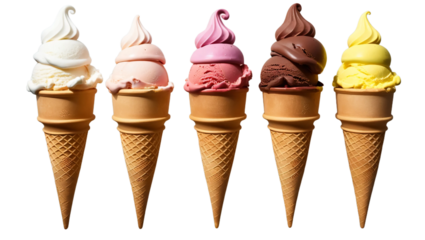 Ice cream scoop on waffle cone isolated on transparent background cutout, many assorted different flavour mockup template for artwork design