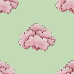 Seamless Pattern Cute Pink Cloud Big Design on Pastel Green Background
