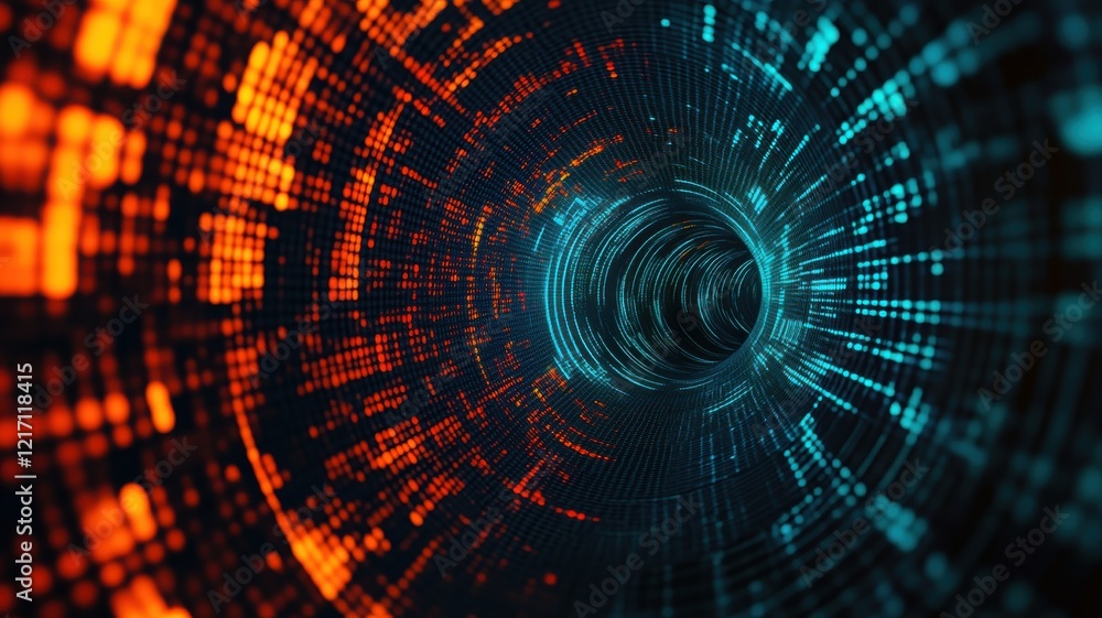 Poster a digital tunnel with swirling blue and orange patterns, representing technology and data flow.