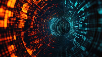 A digital tunnel with swirling blue and orange patterns, representing technology and data flow.
